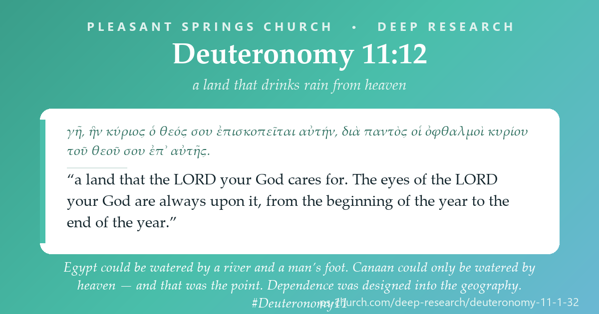 Share card &mdash; Egypt could be watered by a river and a man’s foot. Canaan can only be watered by heaven — and that was the point. “The eyes of the LORD your God are always upon it, from the beginning of the year to the end of the year.” #Deuteronomy11