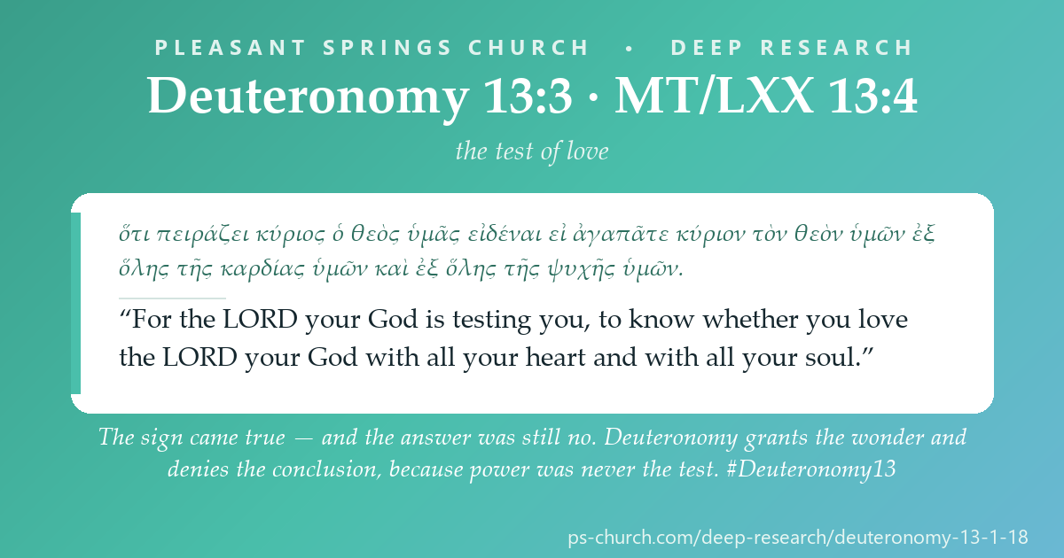 Share card &mdash; The sign came true — and the answer was still no. Deuteronomy grants the wonder and denies the conclusion, because power was never the test. “For the LORD your God is testing you, to know whether you love the LORD your God with all your heart and with all your soul.” #Deuteronomy13