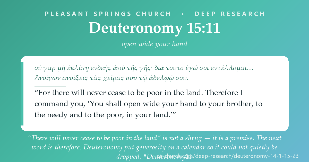 Share card &mdash; “There will never cease to be poor in the land” is not a shrug — it is a premise. The next word is therefore: open wide your hand to your brother. Deuteronomy put generosity on a calendar so it could not quietly be dropped. #Deuteronomy15