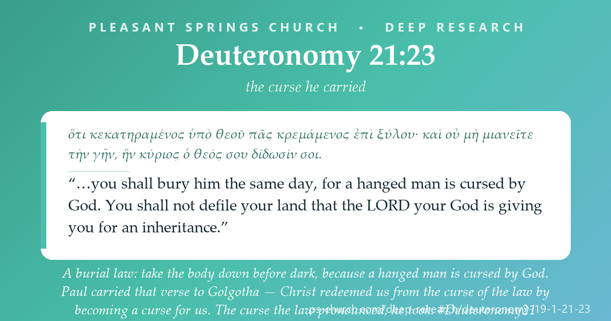 Share card &mdash; A burial law — take the body down before dark, for a hanged man is cursed by God and the land must not be defiled. Paul carried that verse to Golgotha: “Christ redeemed us from the curse of the law by becoming a curse for us” (Gal 3:13). The curse the law pronounced, he took. #Deuteronomy21