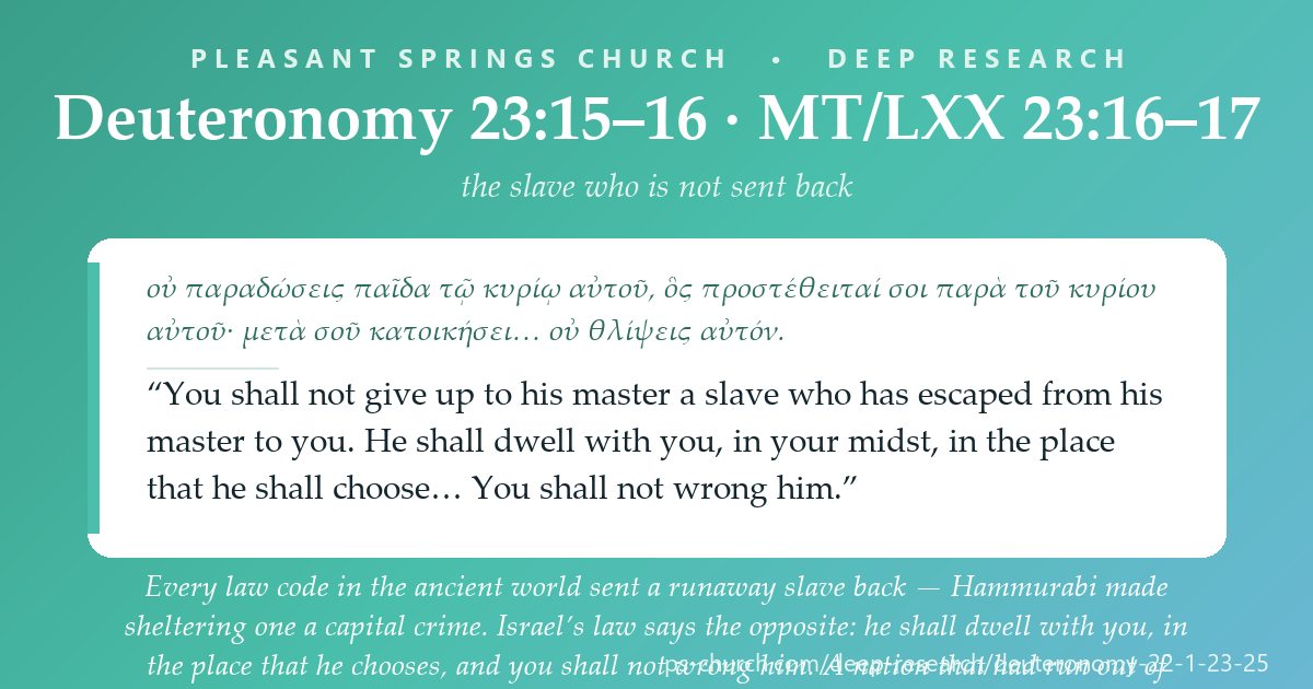Share card &mdash; Every law code in the ancient world sent a runaway slave back — Hammurabi made sheltering one a capital crime. Israel’s law says the opposite: “He shall dwell with you, in your midst, in the place that he shall choose… You shall not wrong him.” #Deuteronomy23