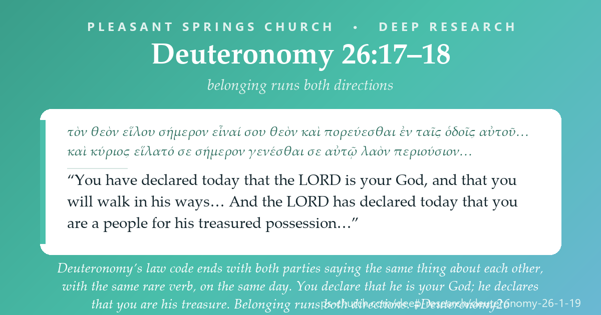 Share card &mdash; Deuteronomy’s law code ends with both parties saying the same thing about each other, with the same rare verb, on the same day. You declare that he is your God; he declares that you are his treasure. Belonging runs both directions. #Deuteronomy26