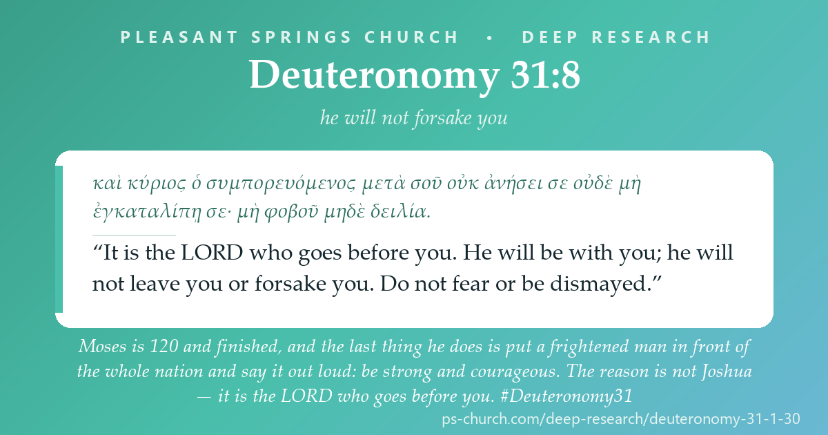 Share card &mdash; Moses is 120 and finished, and the last thing he does is put a frightened man in front of the whole nation and say it out loud: be strong and courageous. The reason is not Joshua. “It is the LORD who goes before you… he will not leave you or forsake you.” #Deuteronomy31