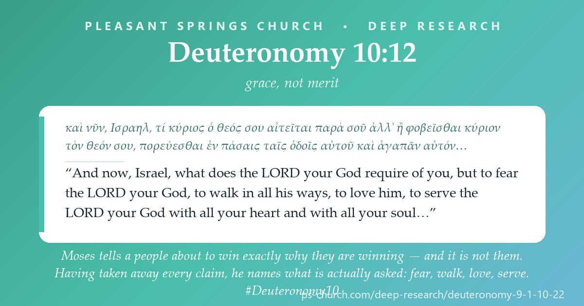 Share card &mdash; Moses tells a people about to win exactly why they are winning — and it is not them. “Not because of your righteousness… for you are a stubborn people” (9:6). Then, having taken away every claim, he names what is actually asked: fear, walk, love, serve. #Deuteronomy10
