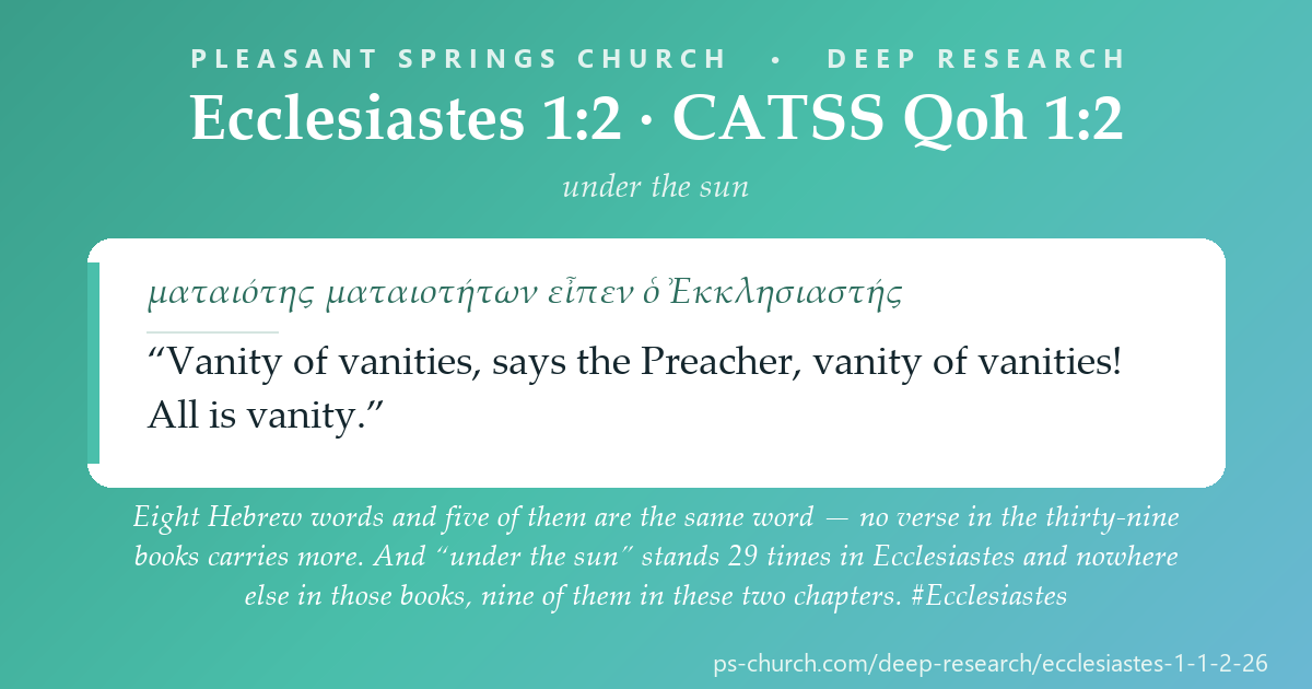 Share card &mdash; “Under the sun” stands 29 times in Ecclesiastes and nowhere else in the thirty-nine books. And in the Greek file σύν governs an accusative 33 times — a case it never governs once in the other 34 Greek books. #Ecclesiastes