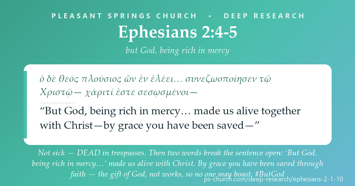 Share card &mdash; Not sick — DEAD in trespasses. Then two words break the sentence open: ‘But God, being rich in mercy…’ made us alive with Christ. By grace you have been saved through faith — the gift of God, not works, so no one may boast. #ButGod