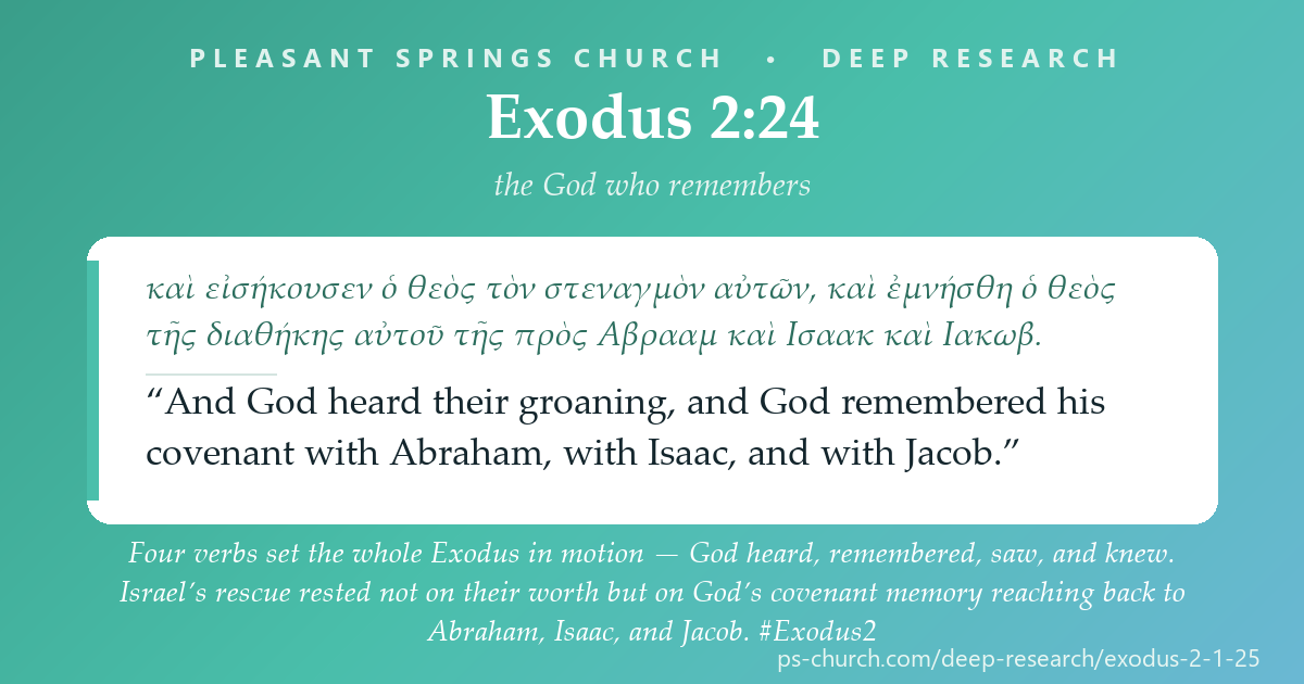 Share card &mdash; Four verbs set the whole Exodus in motion — God heard, remembered, saw, and knew. Your rescue rests not on your worth but on his covenant memory. #Exodus2