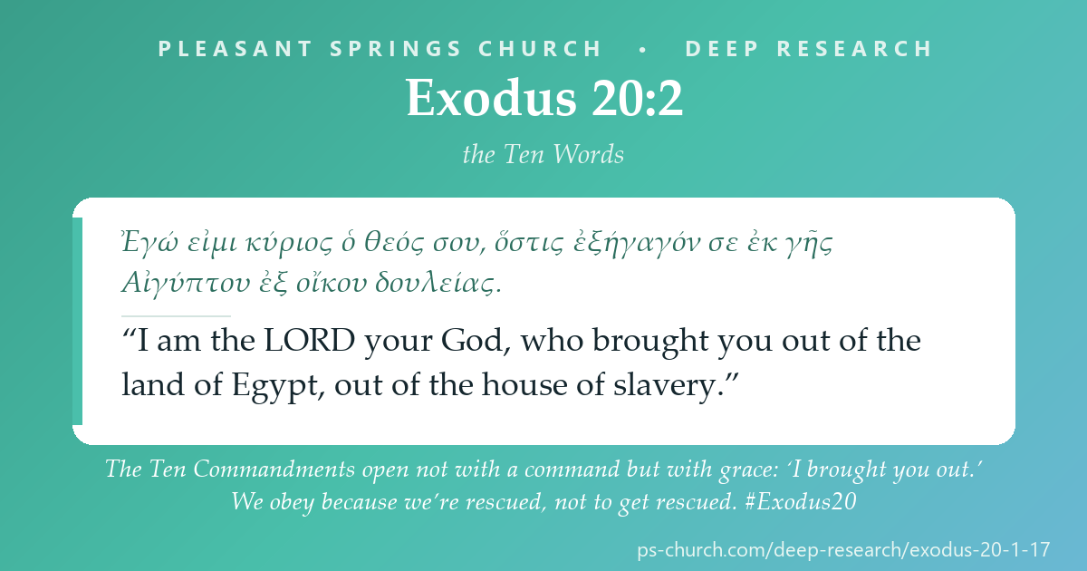 Share card &mdash; The Ten Commandments open not with a command but with grace: ‘I brought you out.’ We obey because we’re rescued, not to get rescued. #Exodus20