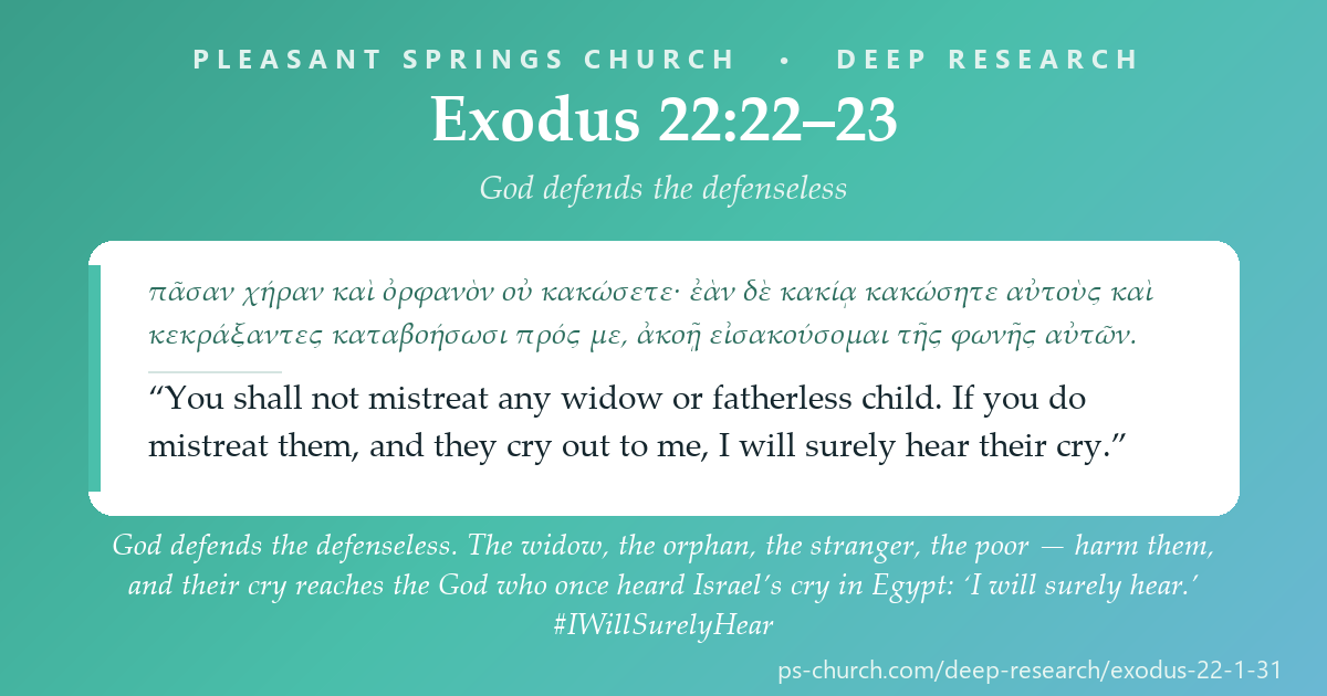 Share card &mdash; God defends the defenseless. The widow, the orphan, the stranger, the poor — harm them, and their cry reaches the God who once heard Israel’s cry in Egypt. ‘I will surely hear.’ #Exodus22