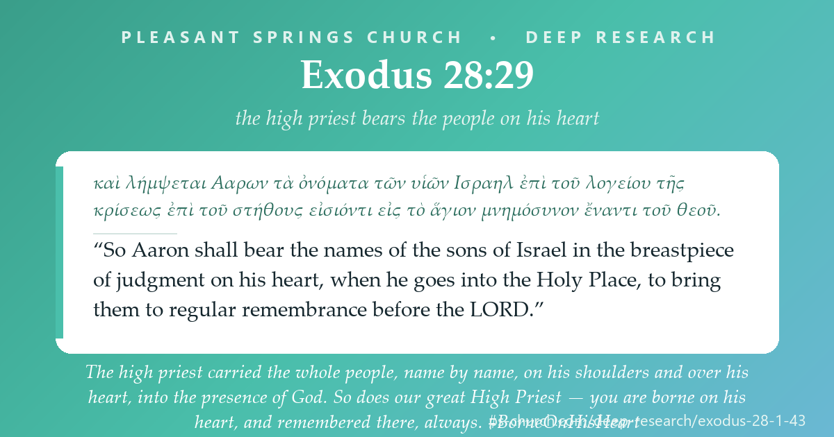 Share card &mdash; The high priest carried the whole people, name by name, on his shoulders and over his heart, into the presence of God. So does our great High Priest — you are borne on his heart, and remembered there, always. #Exodus28