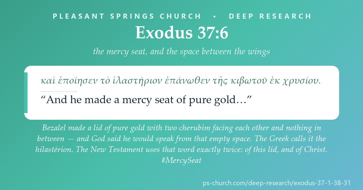Share card &mdash; Bezalel made a lid of pure gold with two cherubim facing each other and nothing in between — and God said he would speak from that empty space. The Greek calls it the hilasterion. The New Testament uses that word exactly twice: of this lid, and of Christ. #MercySeat