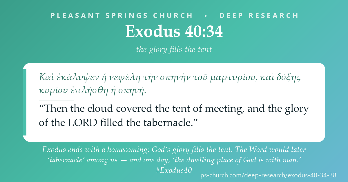 Share card &mdash; Exodus ends with a homecoming: God’s glory fills the tent. The Word would later ‘tabernacle’ among us — and one day, ‘the dwelling place of God is with man.’ #Exodus40