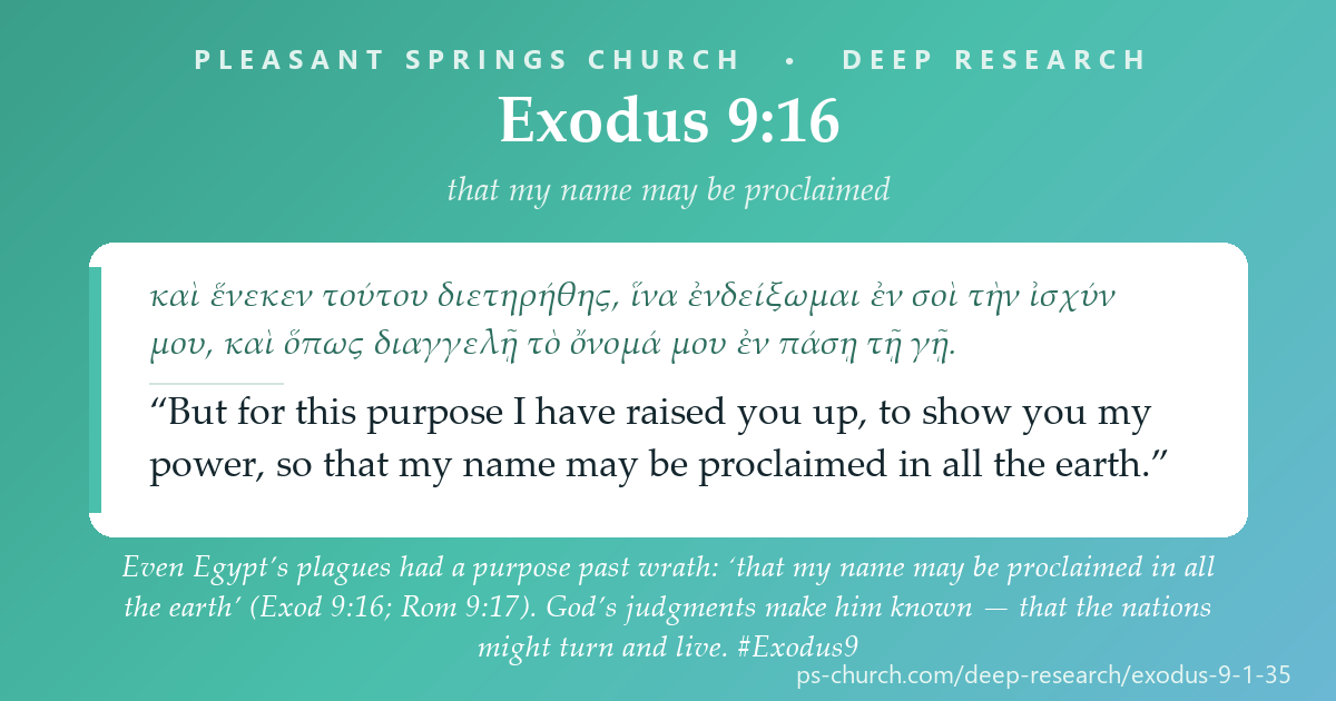 Share card &mdash; Even Egypt’s plagues had a purpose past wrath: ‘that my name may be proclaimed in all the earth’ (Exod 9:16; Rom 9:17). God’s judgments make him known — that the nations might turn and live. #Exodus9