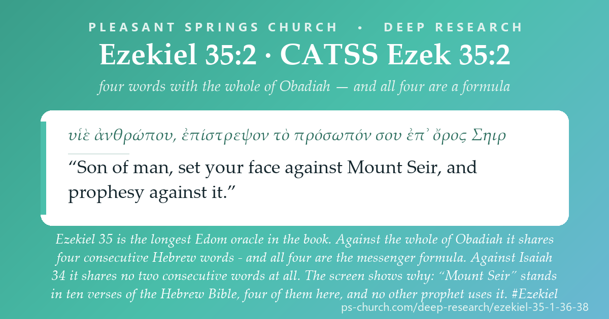 Share card &mdash; Ezekiel 35 is the longest Edom oracle in the book. Against the whole of Obadiah it shares four consecutive Hebrew words - and all four are the messenger formula. Against Isaiah 34 it shares one. Ezekiel doesn't repeat the prophets; Ezekiel repeats Ezekiel. #Ezekiel