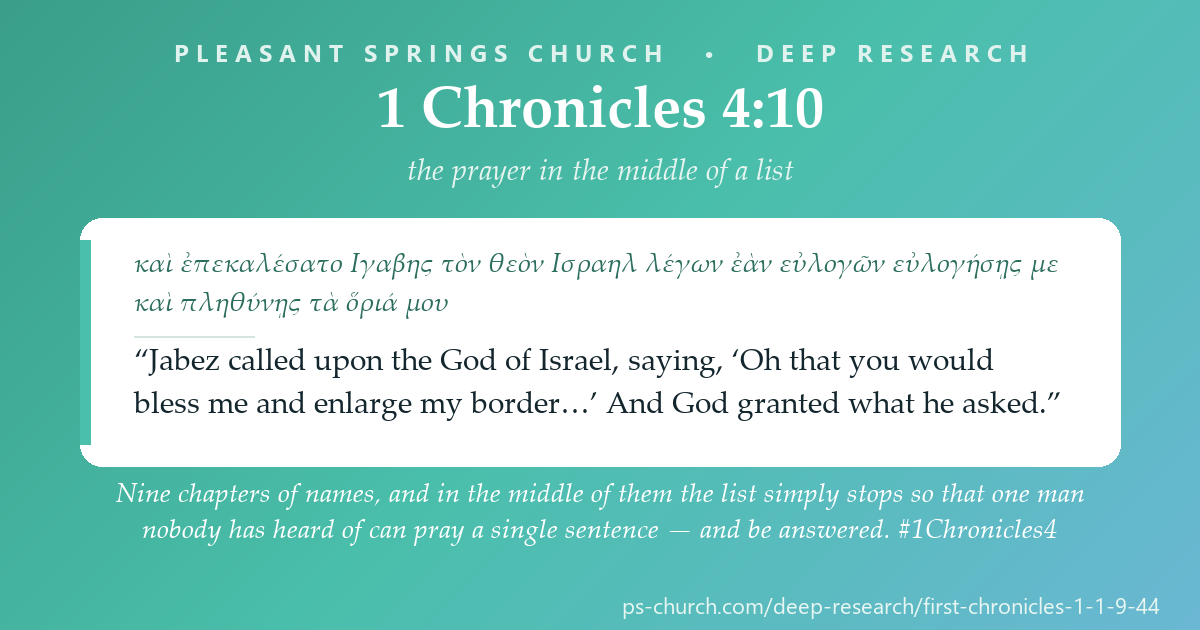 Share card &mdash; Nine chapters of names, and in the middle of them the list simply stops so that one man nobody has heard of can pray a single sentence — “Oh that you would bless me and enlarge my border” — and be answered. #1Chronicles4