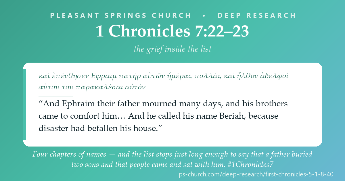 Share card &mdash; Four chapters of names, and the list stops just long enough to say that a father buried two sons, that people came and sat with him, and that he named the next child for the disaster. #1Chronicles7
