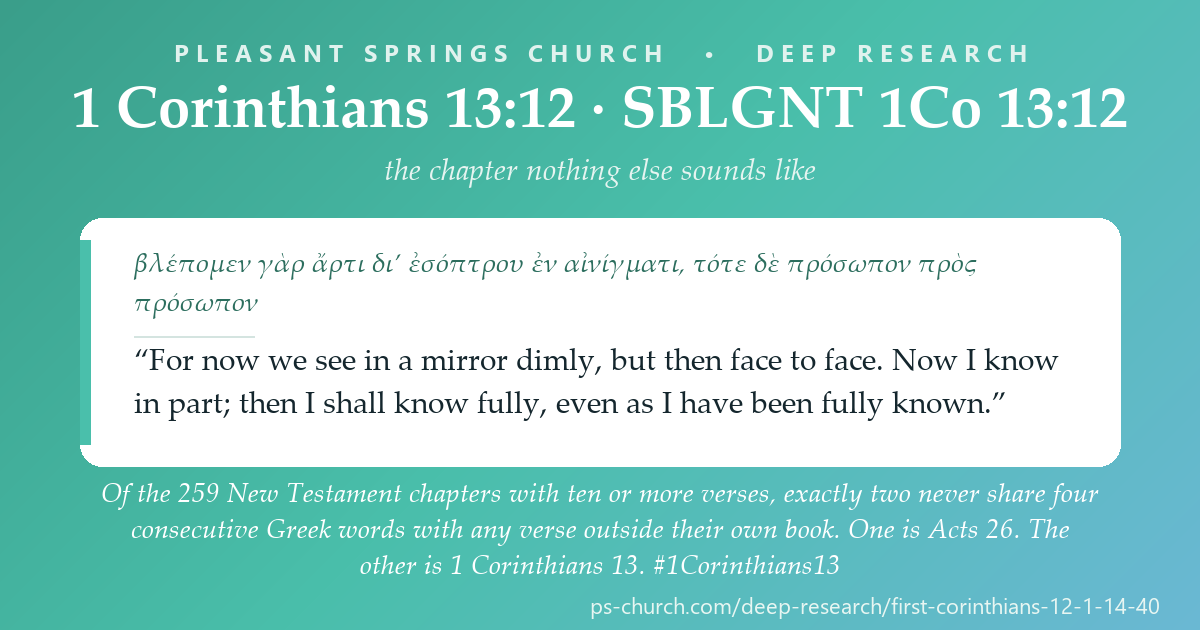 Share card &mdash; Of the 259 New Testament chapters with ten or more verses, exactly two never share four consecutive Greek words with any verse outside their own book. One is Acts 26. The other is 1 Corinthians 13. #1Corinthians13