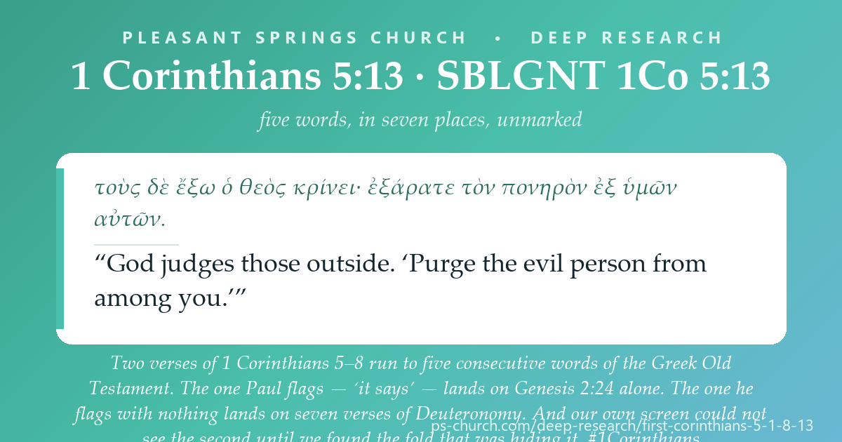 Share card &mdash; Two verses of 1 Corinthians 5-8 run to five consecutive words of the Greek Old Testament. The one Paul flags - 'it says' - lands on Genesis 2:24 alone, tie band 1. The one he flags with nothing lands on seven verses of Deuteronomy, tie band 7. And our own screen could not see the second until we found the fold that was hiding it. #1Corinthians