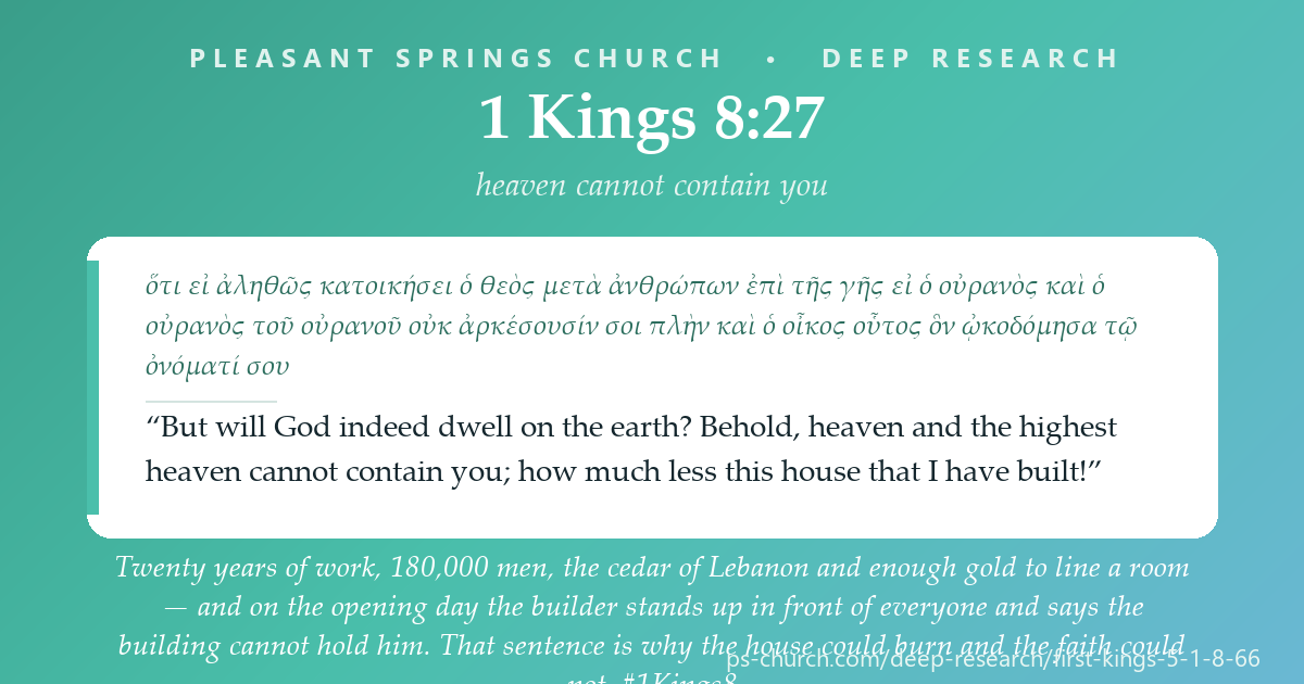 Share card &mdash; Twenty years of work, 180,000 men, the cedar of Lebanon and enough gold to line a room — and on the opening day the builder stands up in front of everyone and says: “But will God indeed dwell on the earth? Behold, heaven and the highest heaven cannot contain you; how much less this house that I have built!” That sentence is why the house could burn and the faith could not. #1Kings8