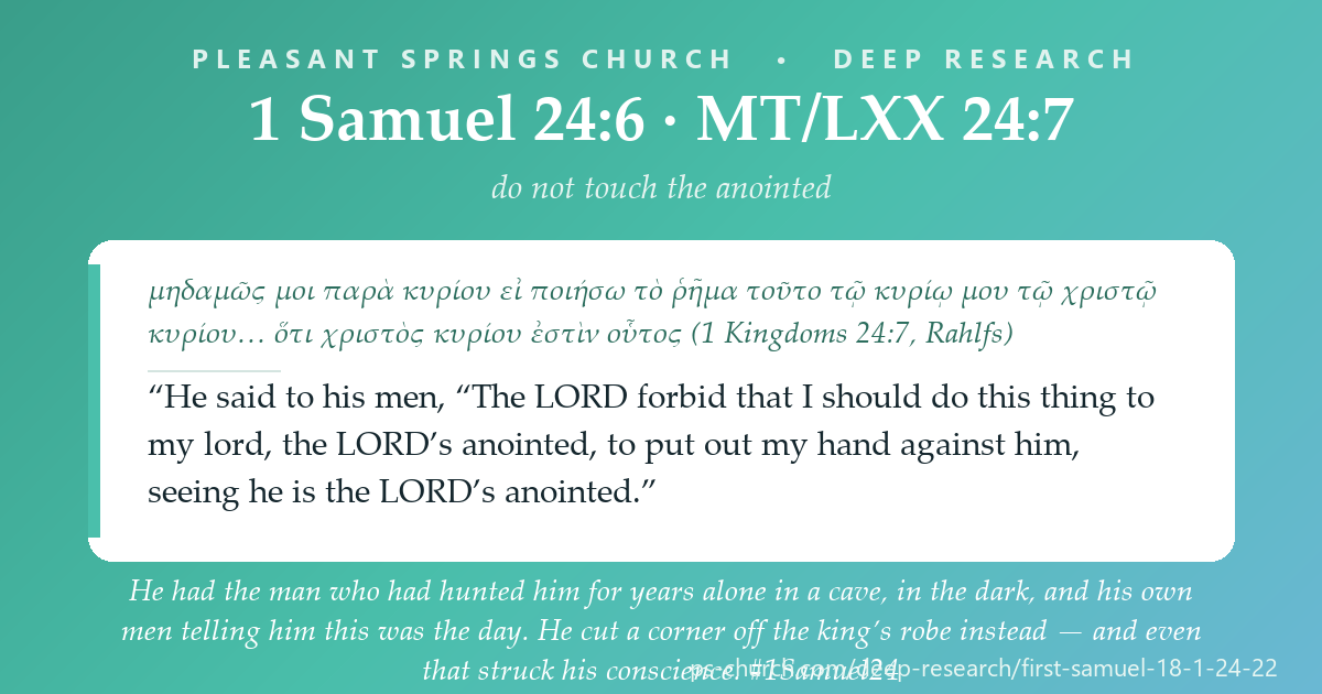 Share card &mdash; He had the man who had hunted him for years alone in a cave, in the dark, and his own men telling him this was the day. He cut a corner off the king’s robe instead — and even that struck his conscience. “The LORD forbid that I should do this thing to my lord, the LORD’s anointed.” #1Samuel24