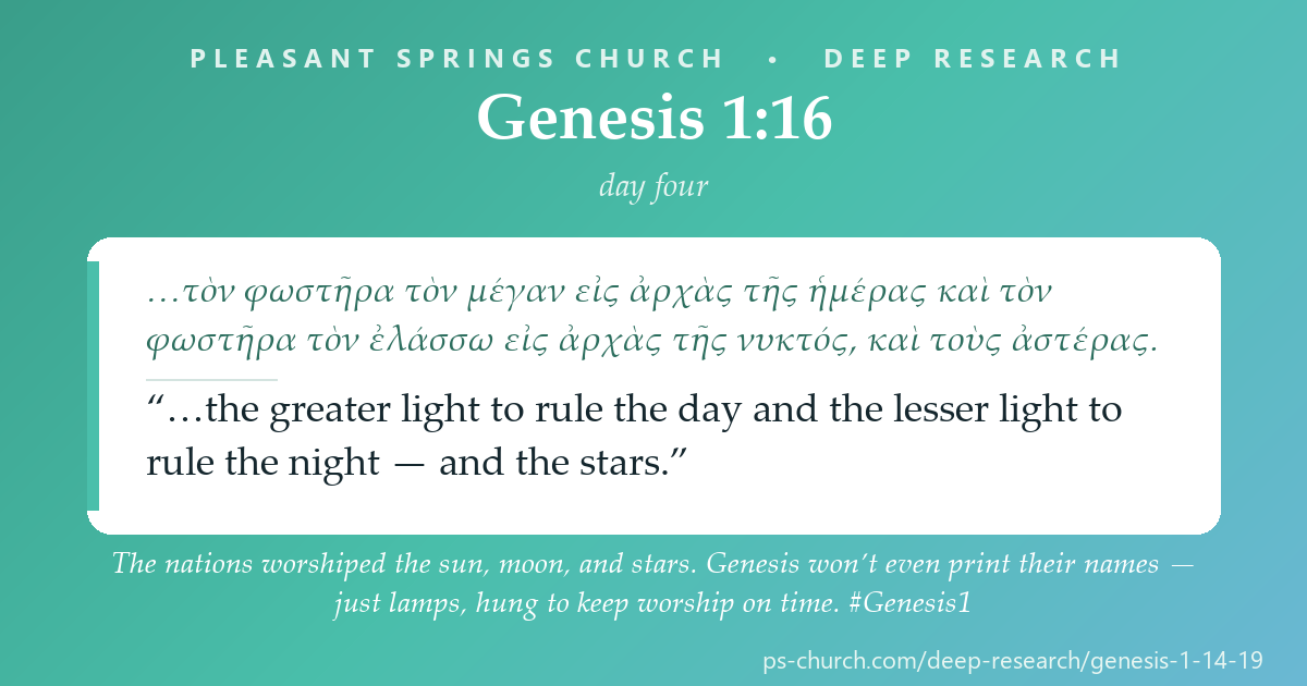 Share card &mdash; The nations worshiped the sun, moon, and stars. Genesis won’t even print their names — just lamps, hung to keep worship on time. #Genesis1