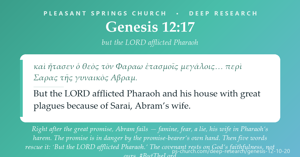 Share card &mdash; Right after the great promise, Abram fails — famine, fear, a lie, his wife in Pharaoh’s harem. The promise is in danger by the promise-bearer’s own hand. Then five words rescue it: ‘But the LORD afflicted Pharaoh.’ The covenant rests on God’s faithfulness, not ours. #ButTheLord