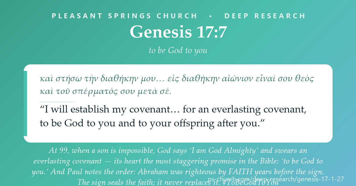 Share card &mdash; At 99, when a son is impossible, God says ‘I am God Almighty’ and swears an everlasting covenant — its heart the most staggering promise in the Bible: ‘to be God to you.’ And Paul notes the order: Abraham was righteous by FAITH years before the sign. The sign seals the faith; it never replaces it. #ToBeGodToYou