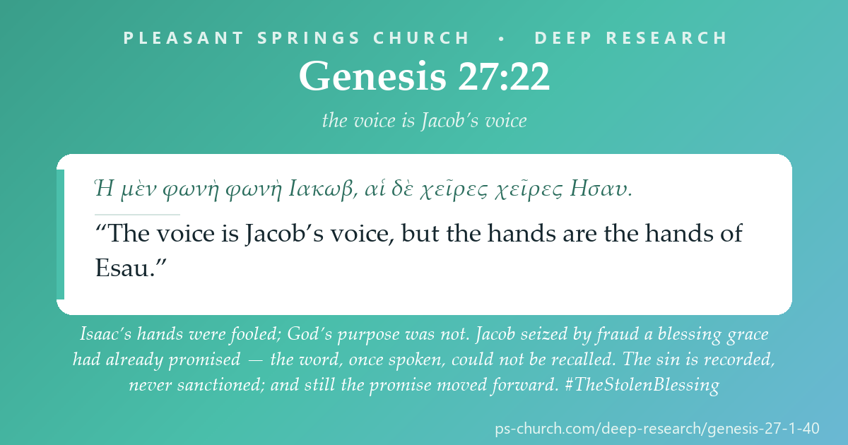 Share card &mdash; Isaac's hands were fooled; God's purpose was not. Jacob seized by fraud a blessing grace had already promised — the word, once spoken, could not be recalled. The sin is recorded, never sanctioned; and still the promise moved forward. #TheStolenBlessing