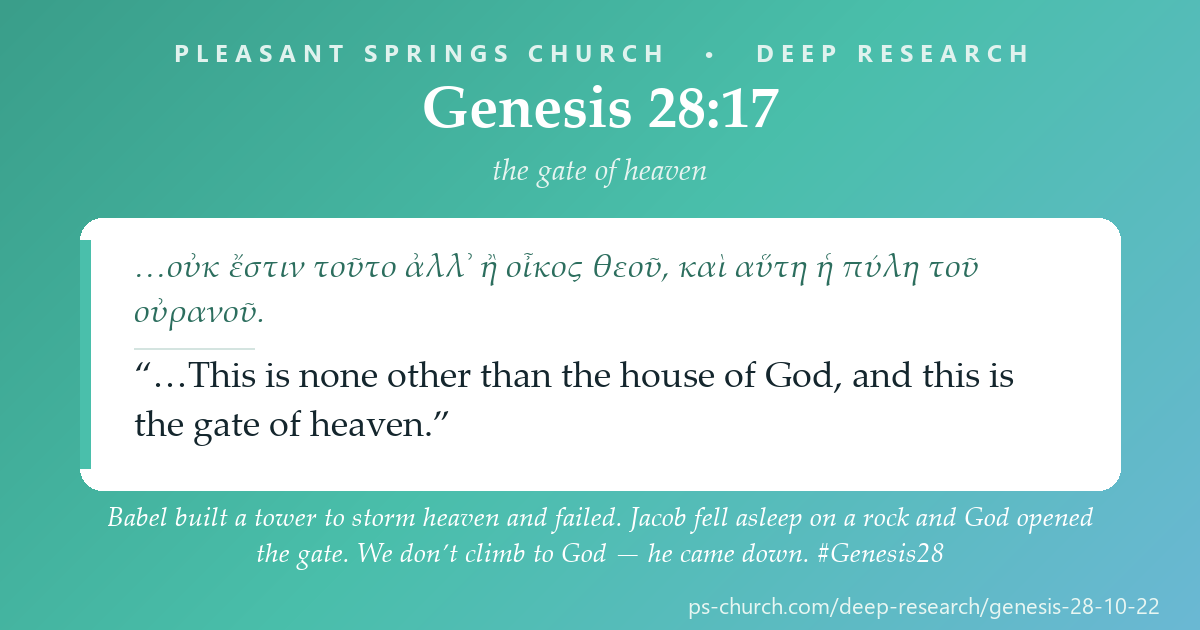 Share card &mdash; Babel built a tower to storm heaven and failed. Jacob fell asleep on a rock and God opened the gate. We don’t climb to God — he came down. #Genesis28