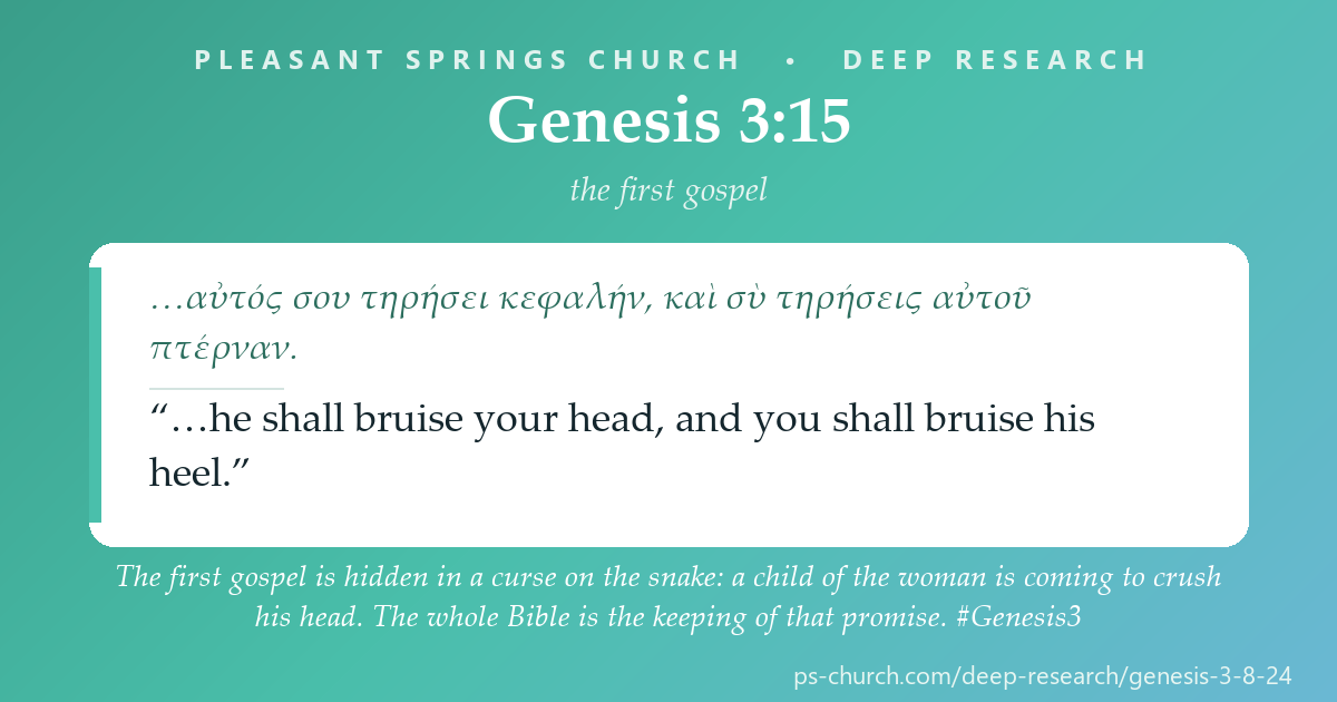 Share card &mdash; The first gospel is hidden in a curse on the snake: a child of the woman is coming to crush his head. The whole Bible is the keeping of that promise. #Genesis3