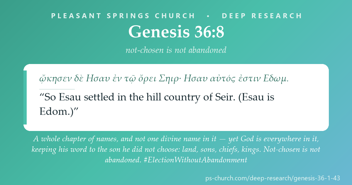 Share card &mdash; A whole chapter of names, and not one divine name in it — yet God is everywhere in it, keeping his word to the son he did not choose: land, sons, chiefs, kings. Not-chosen is not abandoned. The God of the covenant is the God of the nations. #ElectionWithoutAbandonment