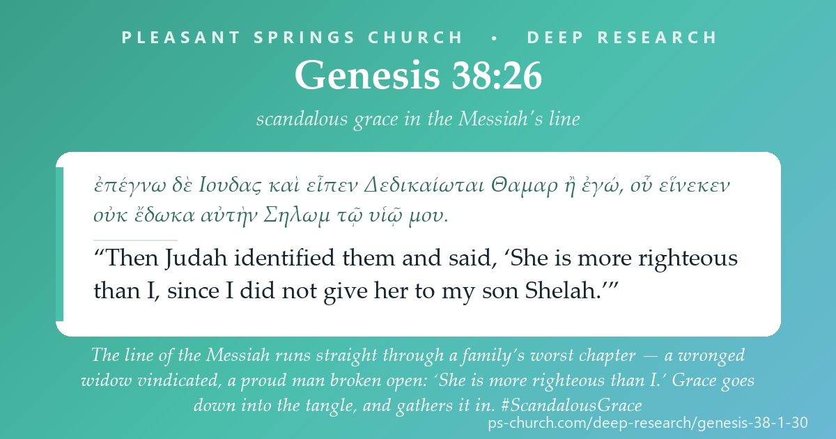 Share card &mdash; The line of the Messiah runs straight through a family’s worst chapter — a wronged widow vindicated, a proud man broken open: ‘She is more righteous than I.’ Grace goes down into the tangle, and gathers it in. #ScandalousGrace