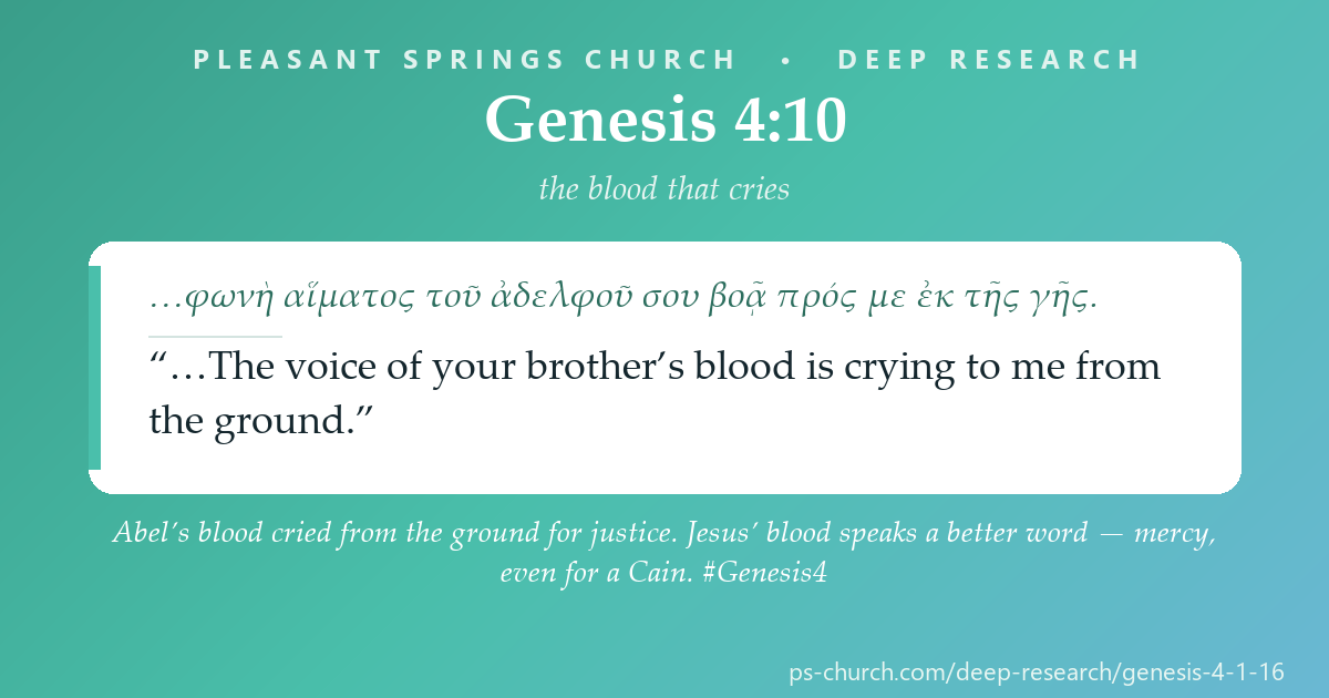 Share card &mdash; Abel’s blood cried from the ground for justice. Jesus’ blood speaks a better word — mercy, even for a Cain. #Genesis4