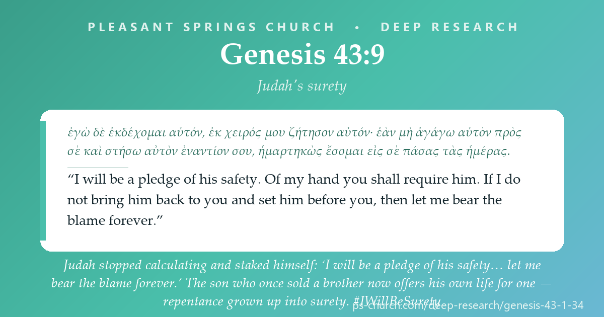 Share card &mdash; Judah stopped calculating and staked himself: 'I will be a pledge of his safety... let me bear the blame forever.' The son who once sold a brother now offers his own life for one — repentance grown up into surety. #IWillBeSurety