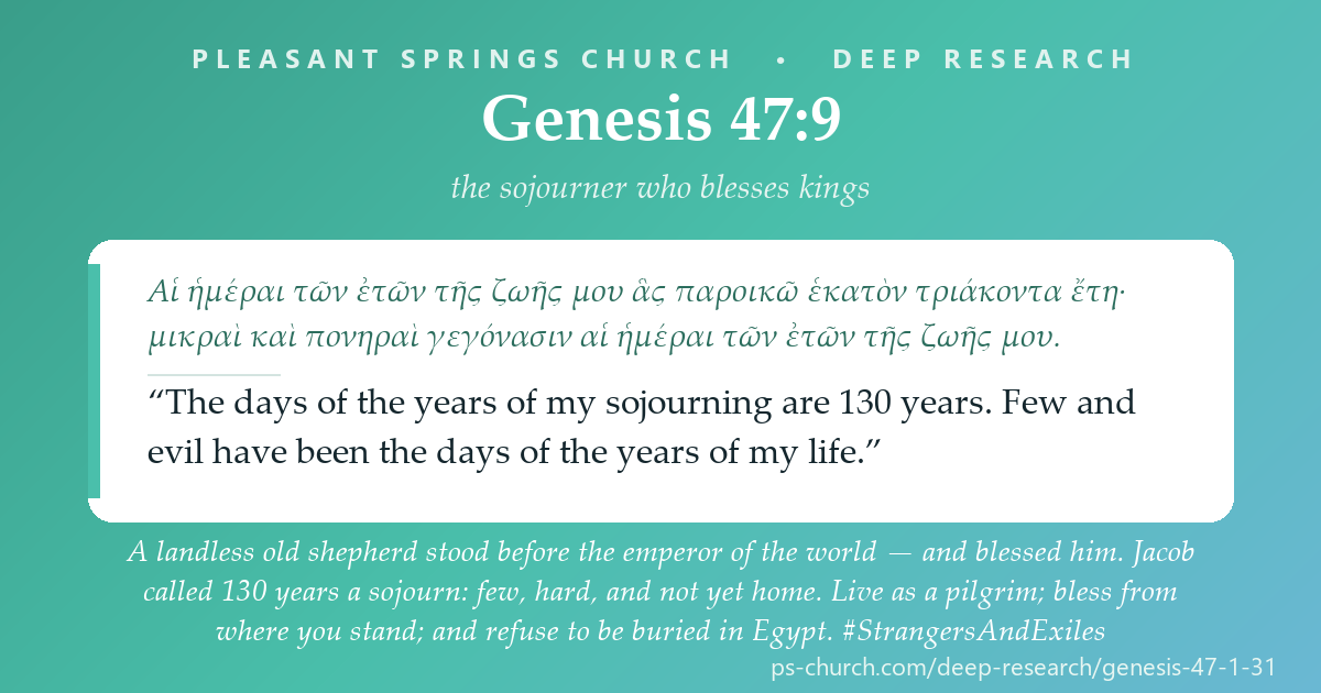 Share card &mdash; A landless old shepherd stood before the emperor of the world &mdash; and blessed him. Jacob called 130 years a sojourn: few, hard, and not yet home. Live as a pilgrim; bless from where you stand; and refuse to be buried in Egypt. #StrangersAndExiles