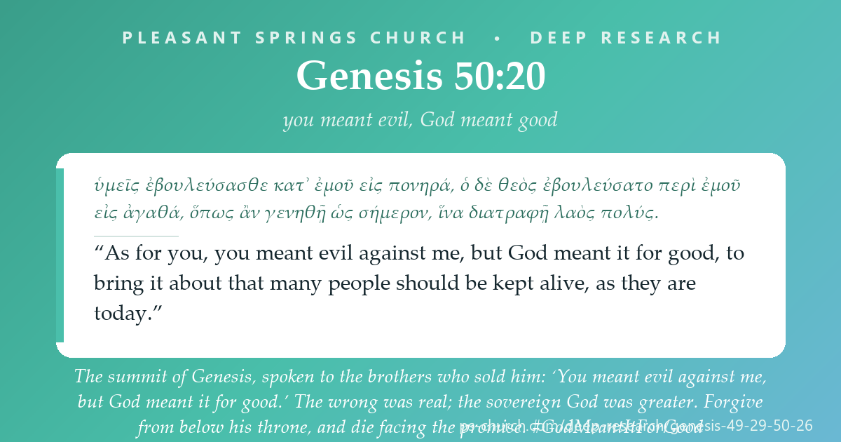 Share card &mdash; The summit of Genesis, spoken to the brothers who sold him: &lsquo;You meant evil against me, but God meant it for good.&rsquo; The wrong was real; the sovereign God was greater. Forgive from below his throne &mdash; and die facing the promise. #GodMeantItForGood
