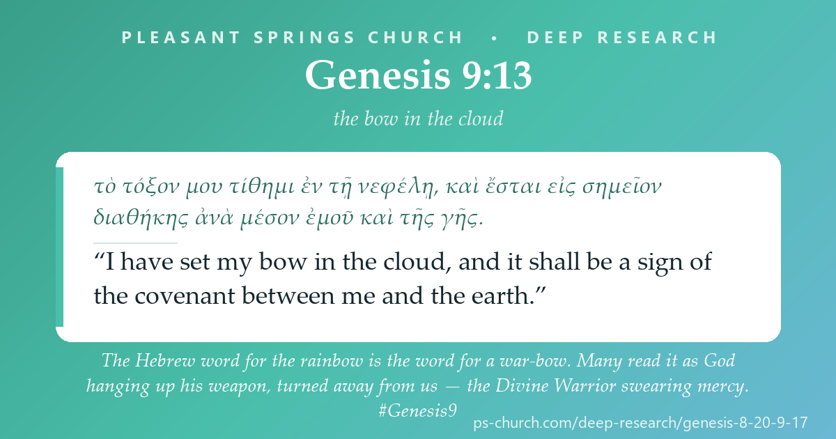 Share card &mdash; The Hebrew word for the rainbow is the word for a war-bow. Many read it as God hanging up his weapon, turned away from us — the Divine Warrior swearing mercy. #Genesis9