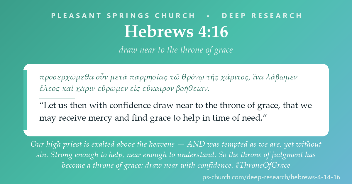Share card &mdash; Our high priest is exalted above the heavens — AND was tempted as we are, yet without sin. He is strong enough to help and near enough to understand. So the throne of judgment has become a throne of grace: draw near with confidence. #ThroneOfGrace