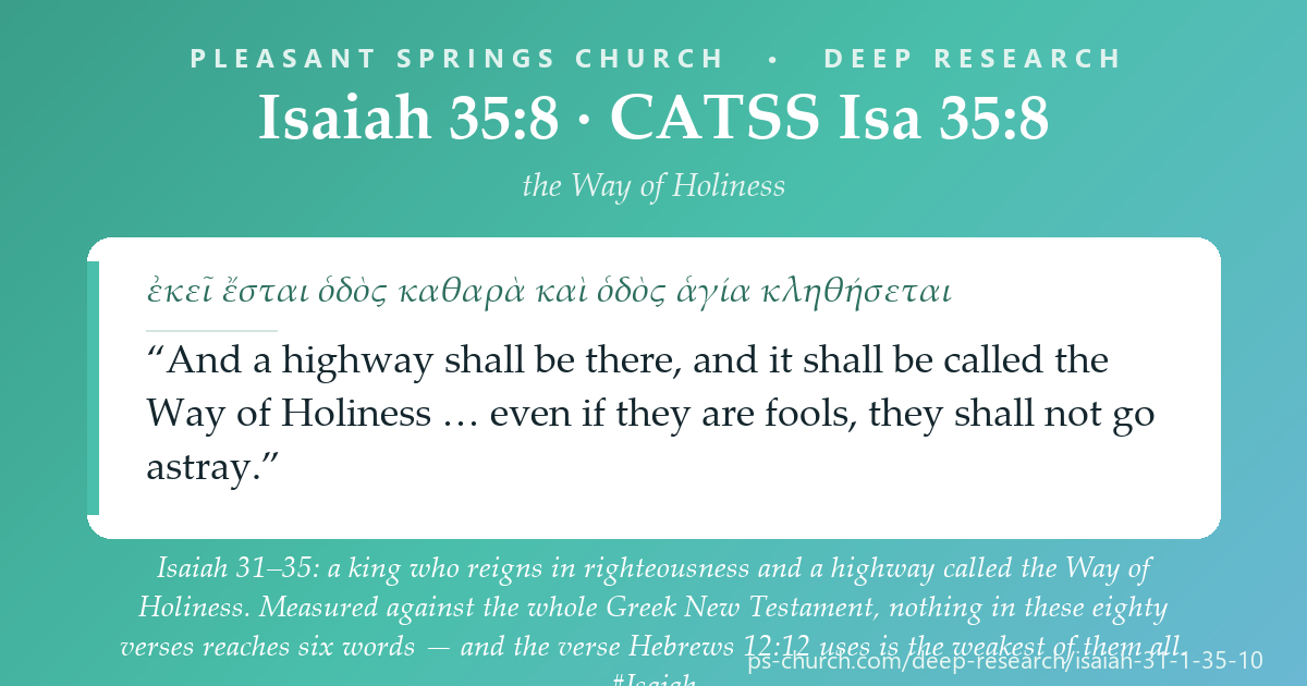 Share card &mdash; Isaiah 31–35: a king who reigns in righteousness and a highway called the Way of Holiness. Measured against the whole Greek New Testament, nothing in these eighty verses reaches six words — and the verse Hebrews 12:12 uses is the weakest of them all. #Isaiah