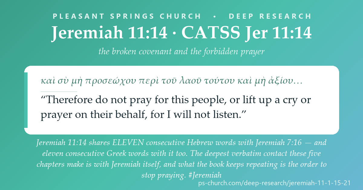 Share card &mdash; Jeremiah 11-15: the deepest verbatim contact these 110 verses make is with Jeremiah. 11:14 shares eleven consecutive Hebrew words with 7:16 — the same order, three times over: do not pray for this people. #Jeremiah