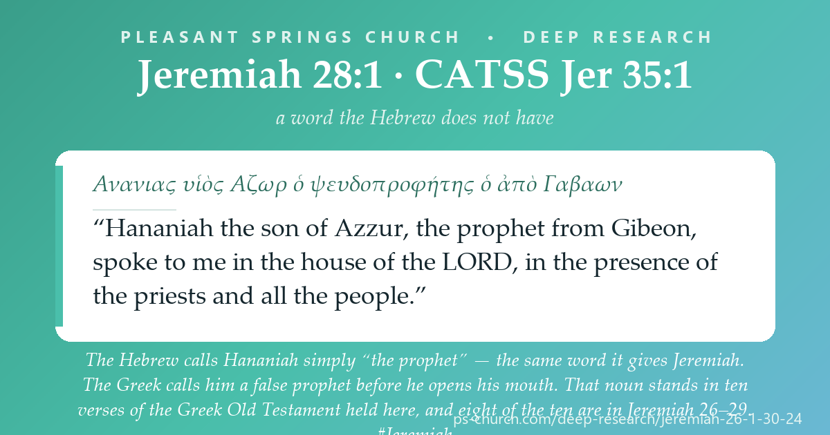 Share card &mdash; The Greek word for a false prophet stands in ten verses of the Greek Old Testament held here - and eight of the ten are in Jeremiah 26-29. The Hebrew underneath every one of them says simply 'prophet'. #Jeremiah28