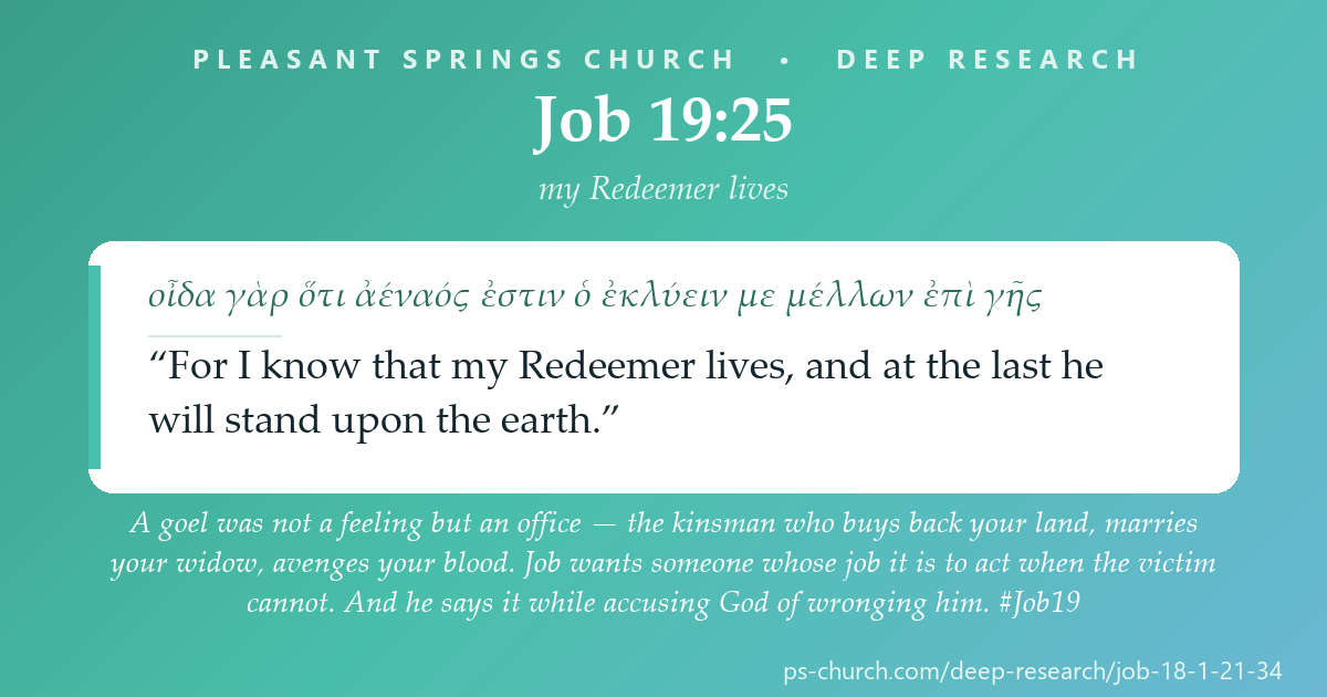 Share card &mdash; A goel was not a feeling but an office — the kinsman who buys back your land, marries your widow, avenges your blood. Job wants someone whose job it is to act when the victim cannot. And he says it while accusing God of wronging him. #Job19