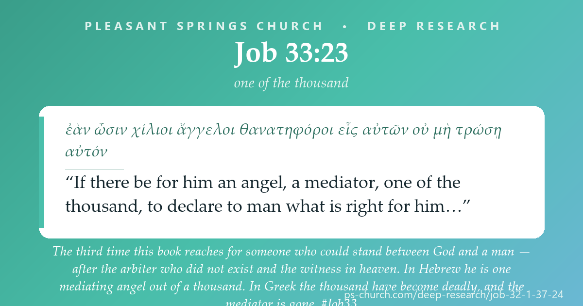 Share card &mdash; The third time this book reaches for someone who could stand between God and a man — after the arbiter who did not exist and the witness in heaven. In Hebrew he is one mediating angel out of a thousand. In Greek the thousand have become deadly, and the mediator is gone. #Job33