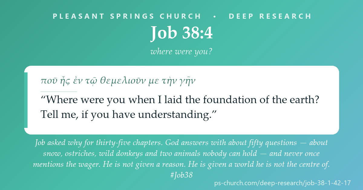 Share card &mdash; Job asked why for thirty-five chapters. God answers with about fifty questions — about snow, ostriches, wild donkeys and two animals nobody can hold — and never once mentions the wager. He is not given a reason. He is given a world he is not the centre of. #Job38