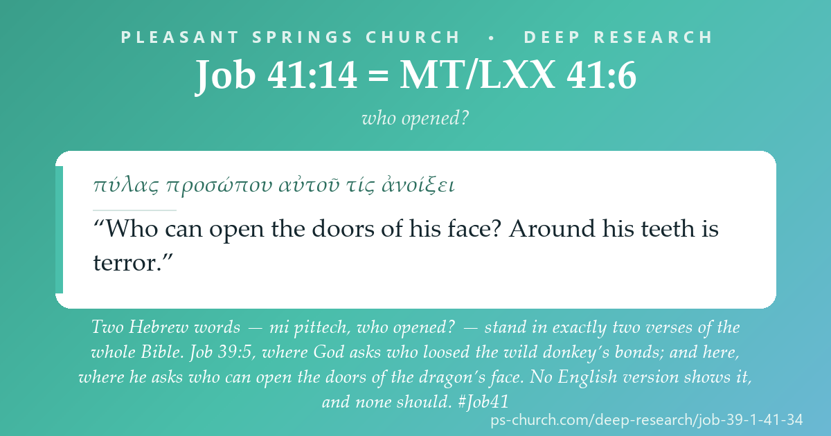 Share card &mdash; Two Hebrew words - mi pitteach, 'who opened?' - stand in exactly two verses of the whole Hebrew Bible. One asks who loosed the wild donkey's bonds. The other asks who can open the doors of the dragon's face. No English version shows it, and none should. #Job41
