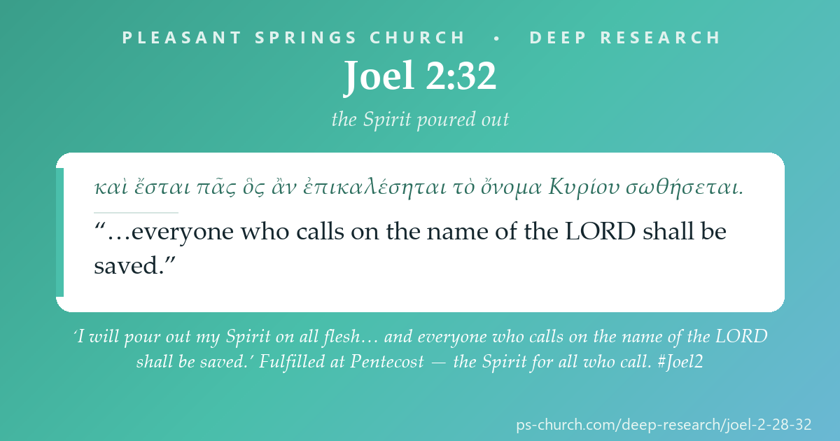 Share card &mdash; ‘I will pour out my Spirit on all flesh… and everyone who calls on the name of the LORD shall be saved.’ Fulfilled at Pentecost — the Spirit for all, the door open to all who call. #Joel2