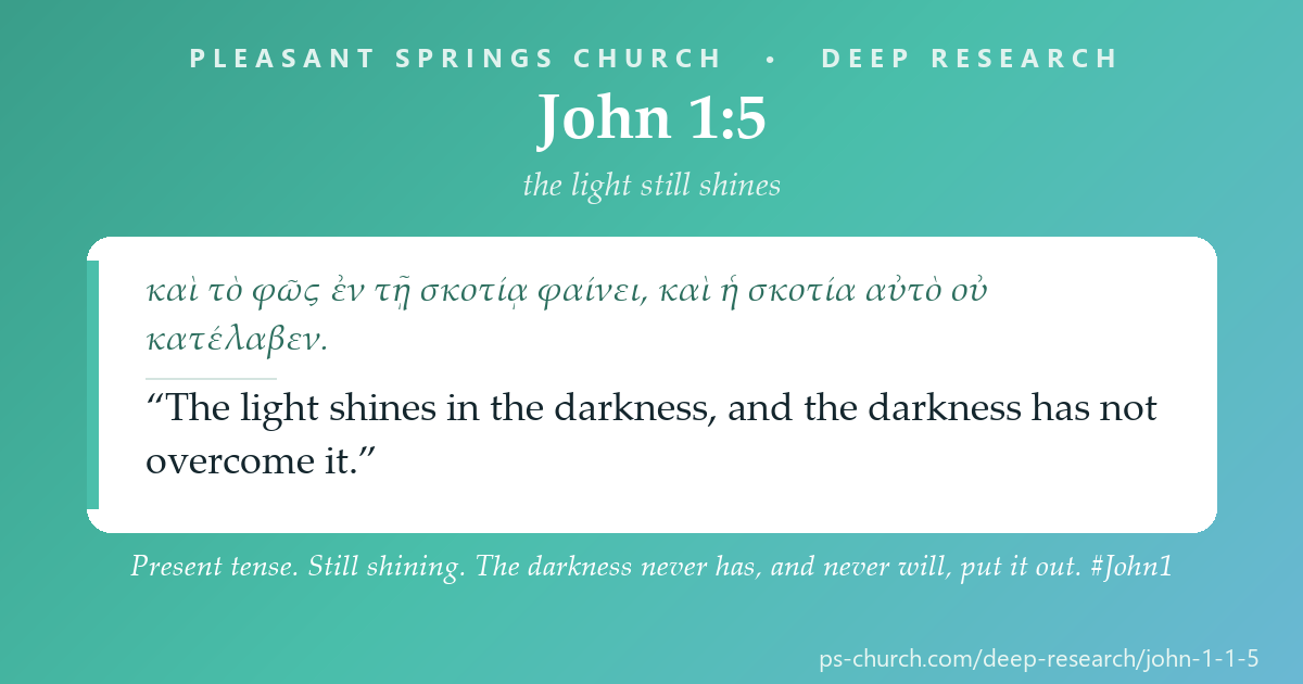 Share card &mdash; Present tense. Still shining. The darkness never has, and never will, put it out. #John1