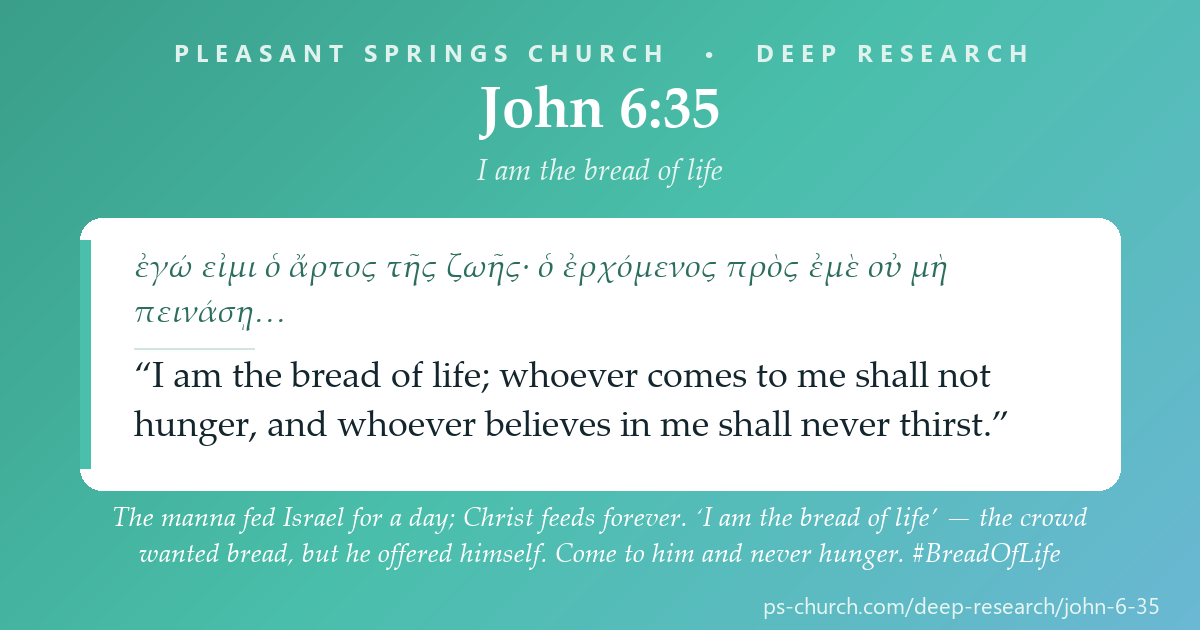 Share card &mdash; The manna fed Israel for a day; Christ feeds forever. ‘I am the bread of life’ — the crowd wanted bread, but he offered himself. Come to him and never hunger. #BreadOfLife
