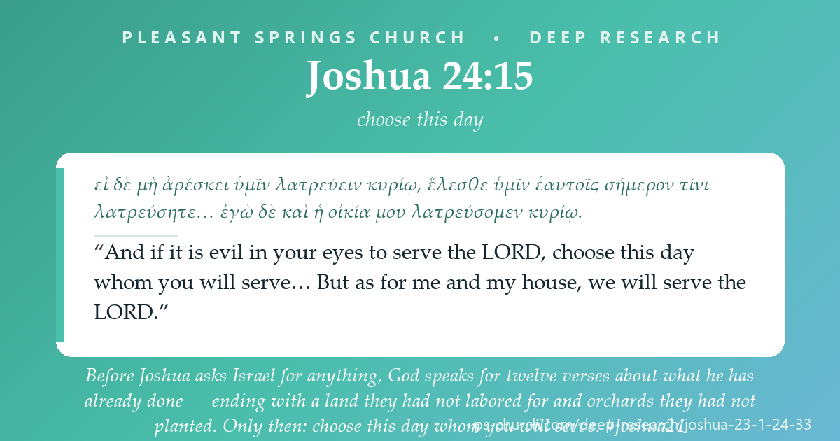 Share card &mdash; Before Joshua asks Israel for anything, God speaks for twelve verses about what he has already done — ending with a land they had not labored for and orchards they had not planted. Only then: choose this day whom you will serve. #Joshua24