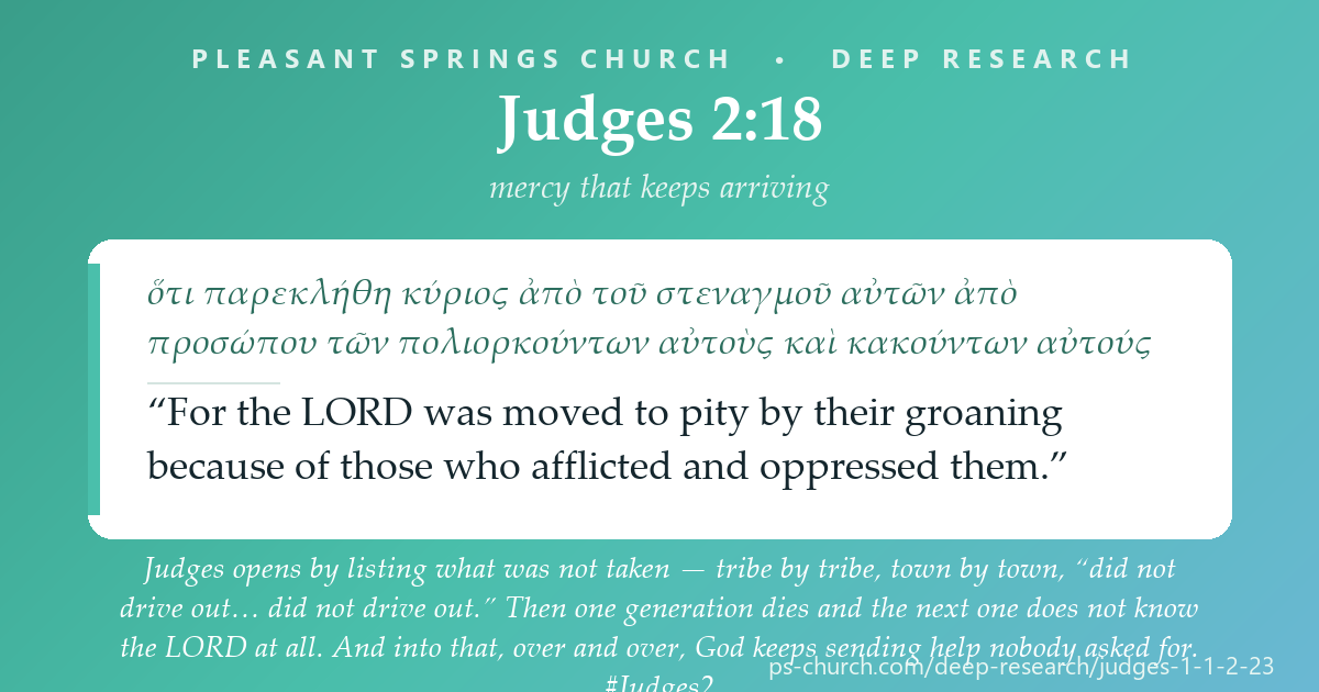 Share card &mdash; Judges opens by listing what was not taken — tribe by tribe, town by town, “did not drive out… did not drive out.” Then one generation dies and the next one does not know the LORD at all. And into that, over and over, God keeps sending help nobody asked for: “the LORD was moved to pity by their groaning.” #Judges2